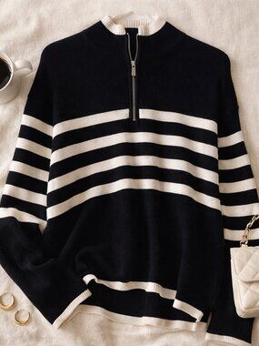 Striped Knit Sweater Black White Quarter Zip Minimalist Chic L